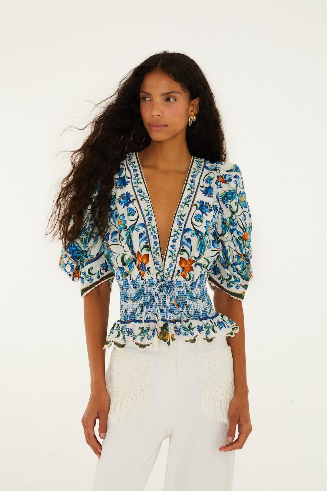 Off-White Flora Tile Smocked Organic Cotton Blouse | FARM Rio
