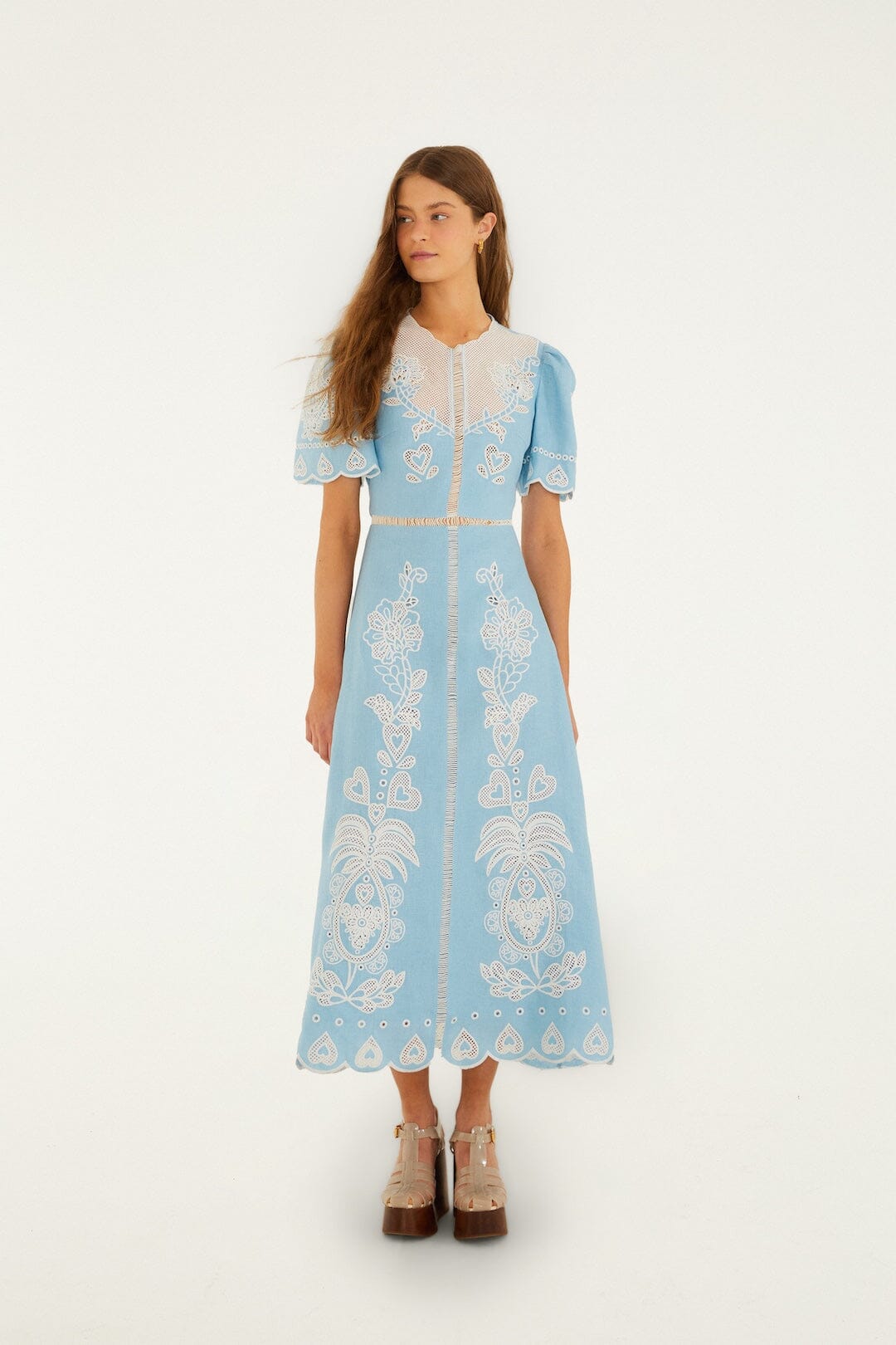 Farm Rio Light Blue Embroidery Short Sleeve Midi Dress Light Blue / XL Farm Rio Light Blue Embroidery Short Sleeve Midi Dress Light Blue / XL