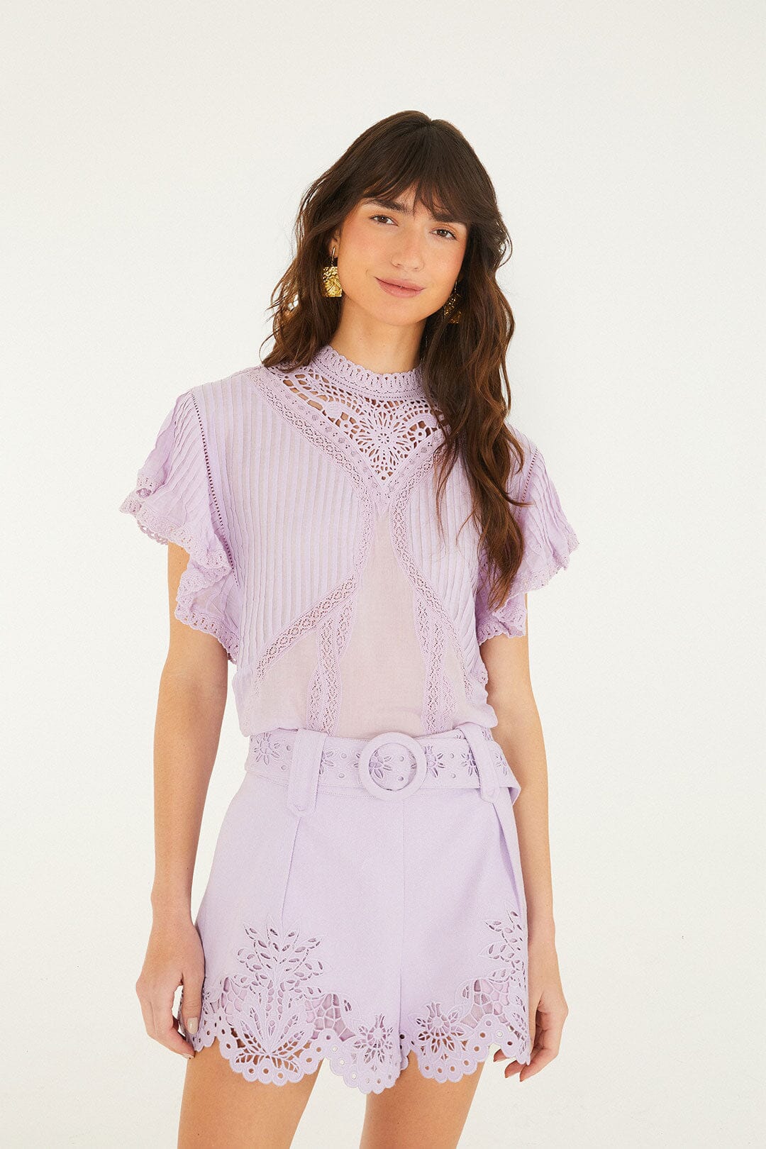 Lilac Geometric Richelieu Twill Belted Shorts