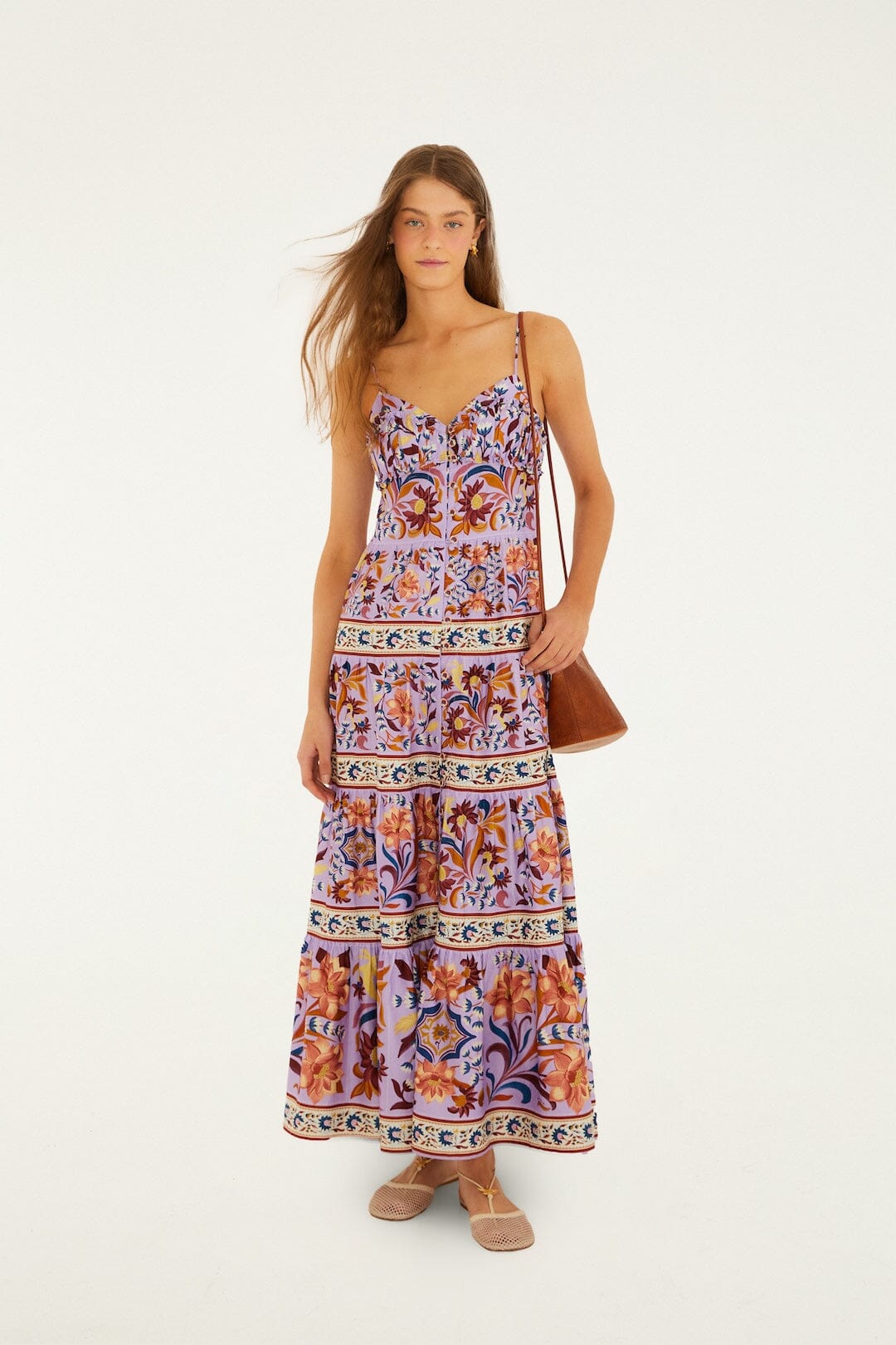 chinese dress ladies Lilac Flower Tiles Sleeveless Tiered Maxi Dress