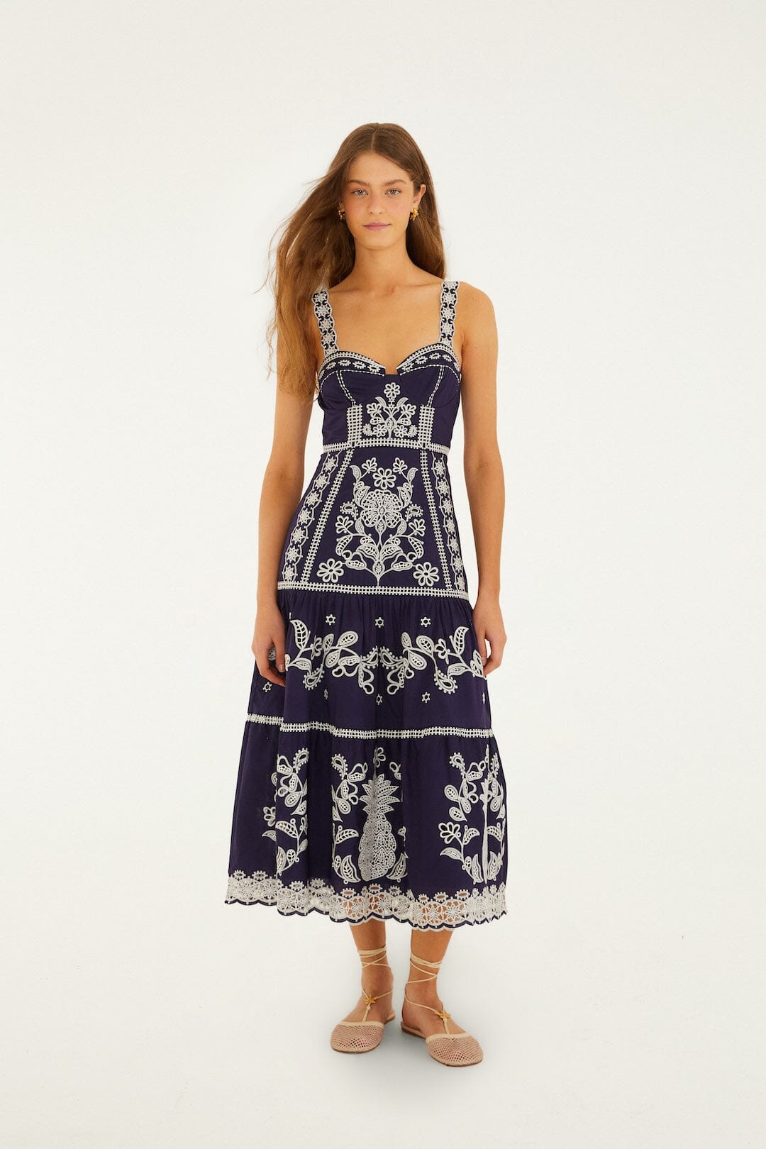 Farm Rio Richelieu Midi Dress - Blue/White, S Farm Rio Richelieu Midi Dress - Blue/White, S