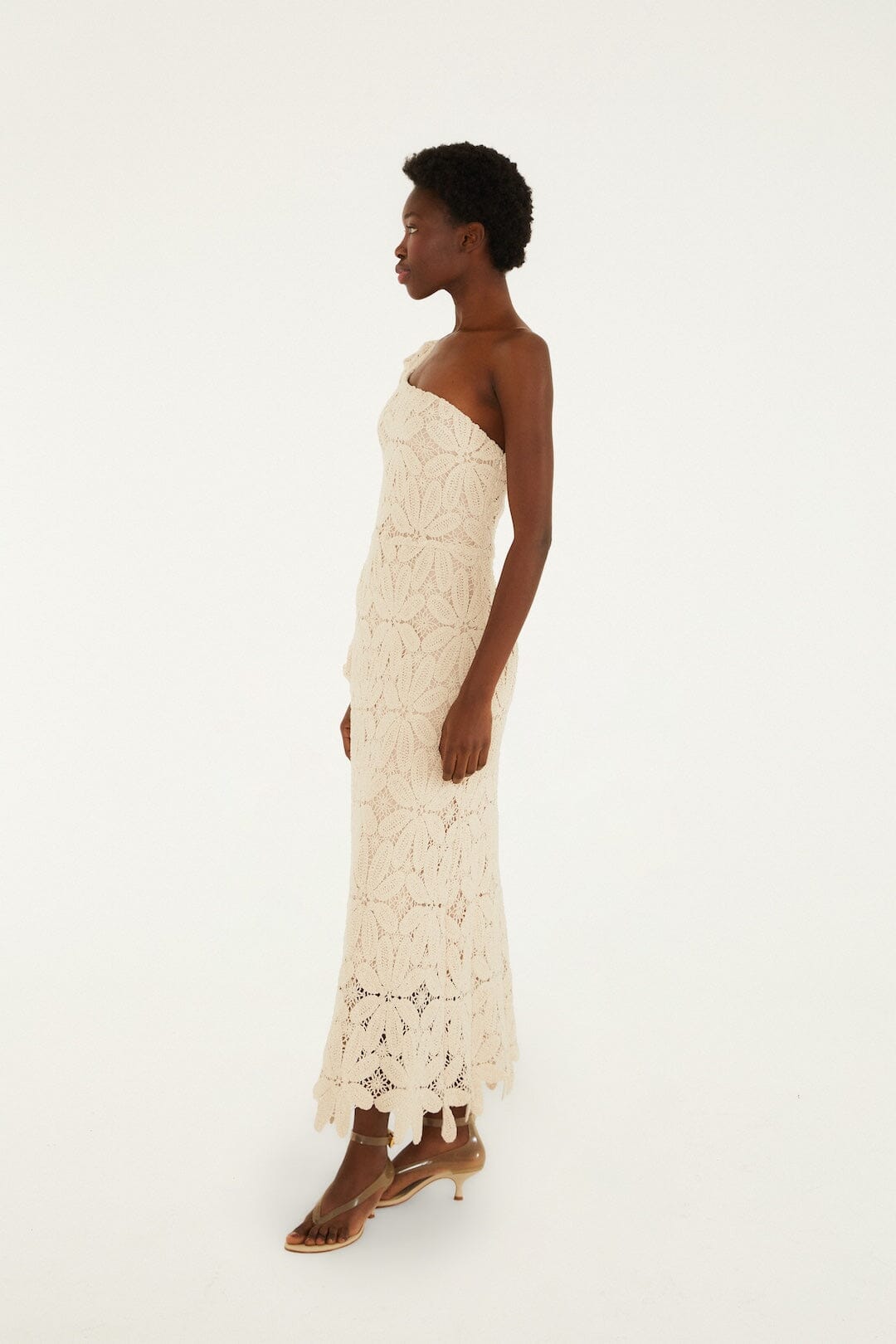 Off-White One-Shoulder Crochet Flower Maxi Dress