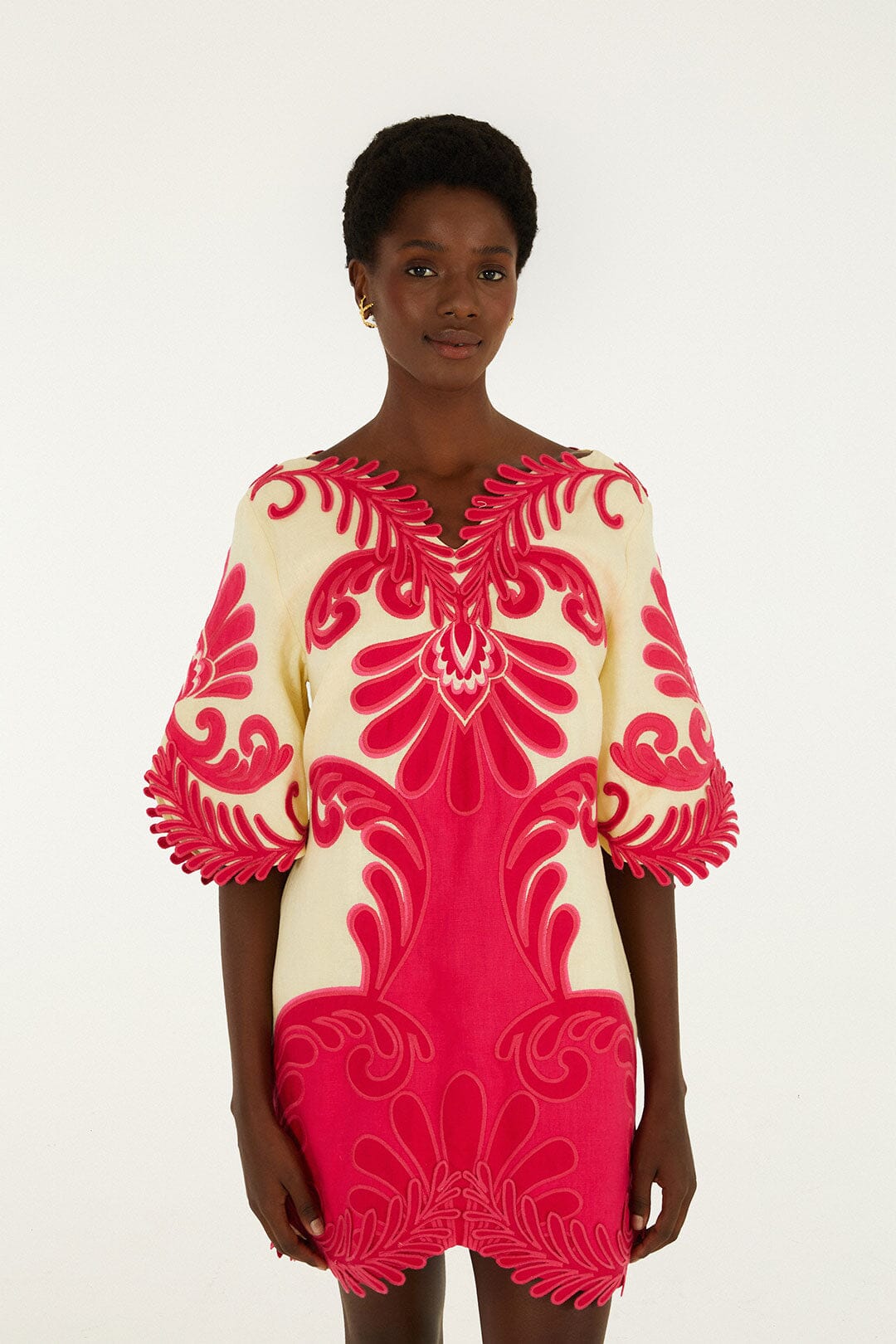 Pink Spring Arabesc Embroidered Euroflax Premium Linen Mini Dress