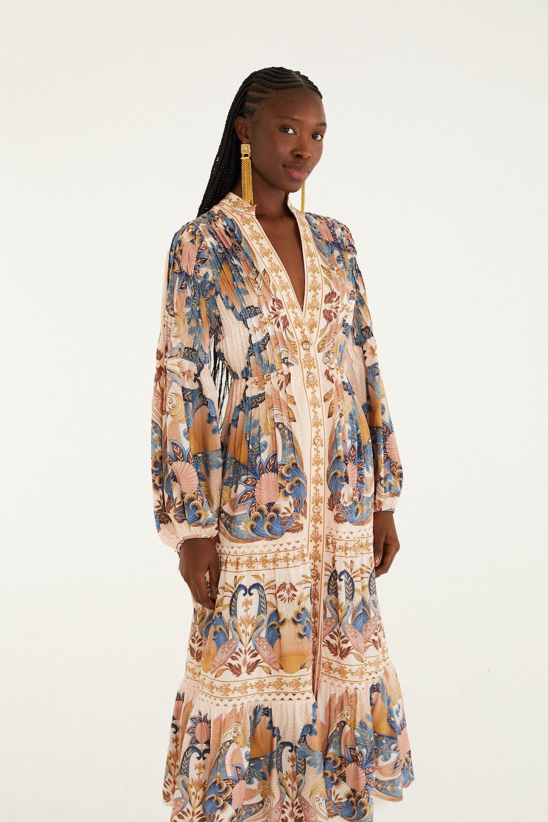 Soft Pink Sea Garden Scarf Pleated Midi Dress