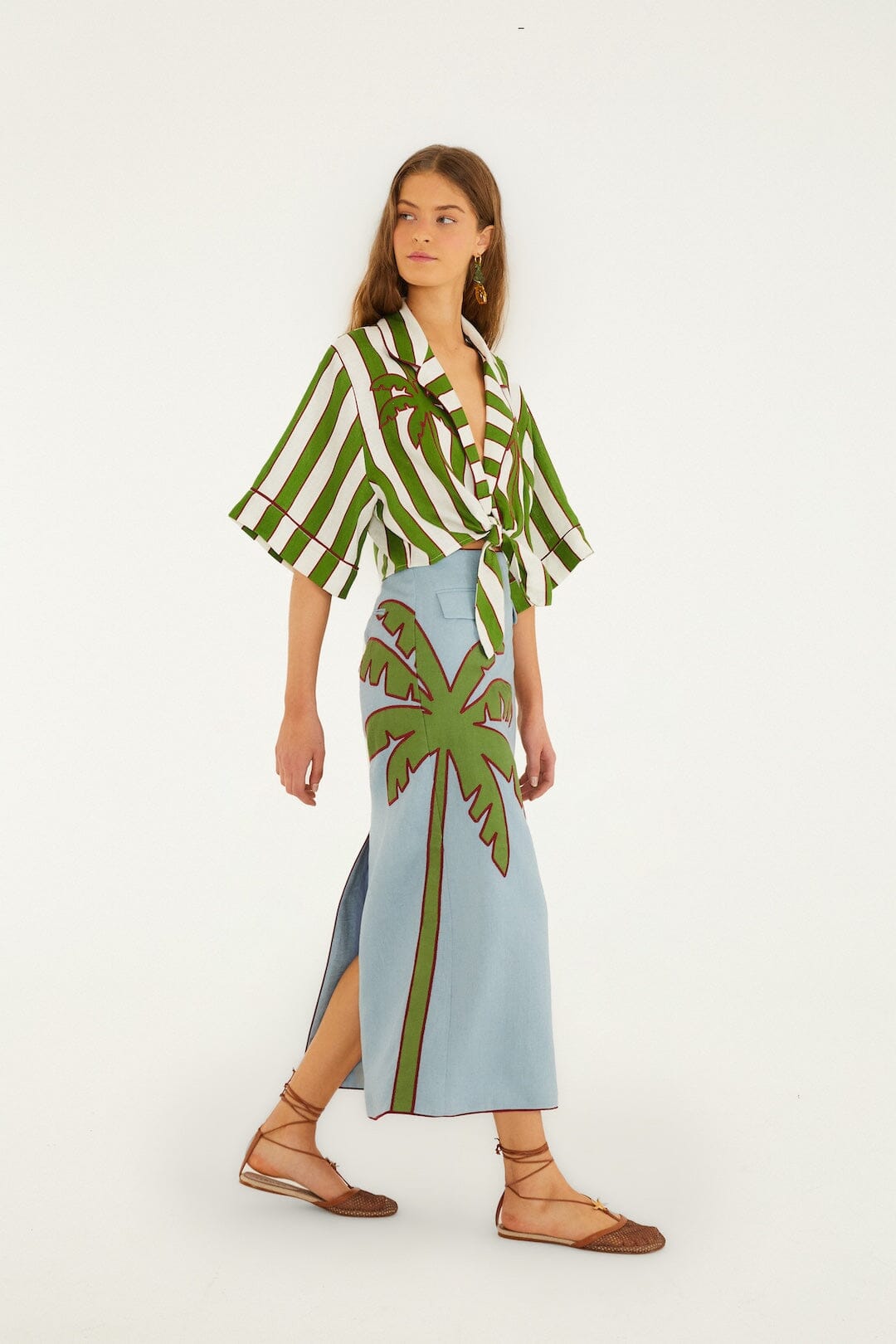 Blue Embroidered Palm Tree Euroflax Premium Linen Maxi Skirt