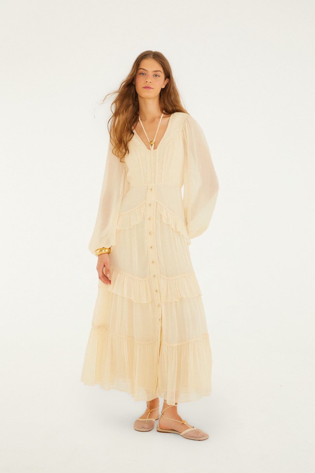 Butter Yellow Ruffled Buttoned Maxi Dress | FARM Rio Butter Yellow Ruffled Buttoned Maxi Dress | FARM Rio