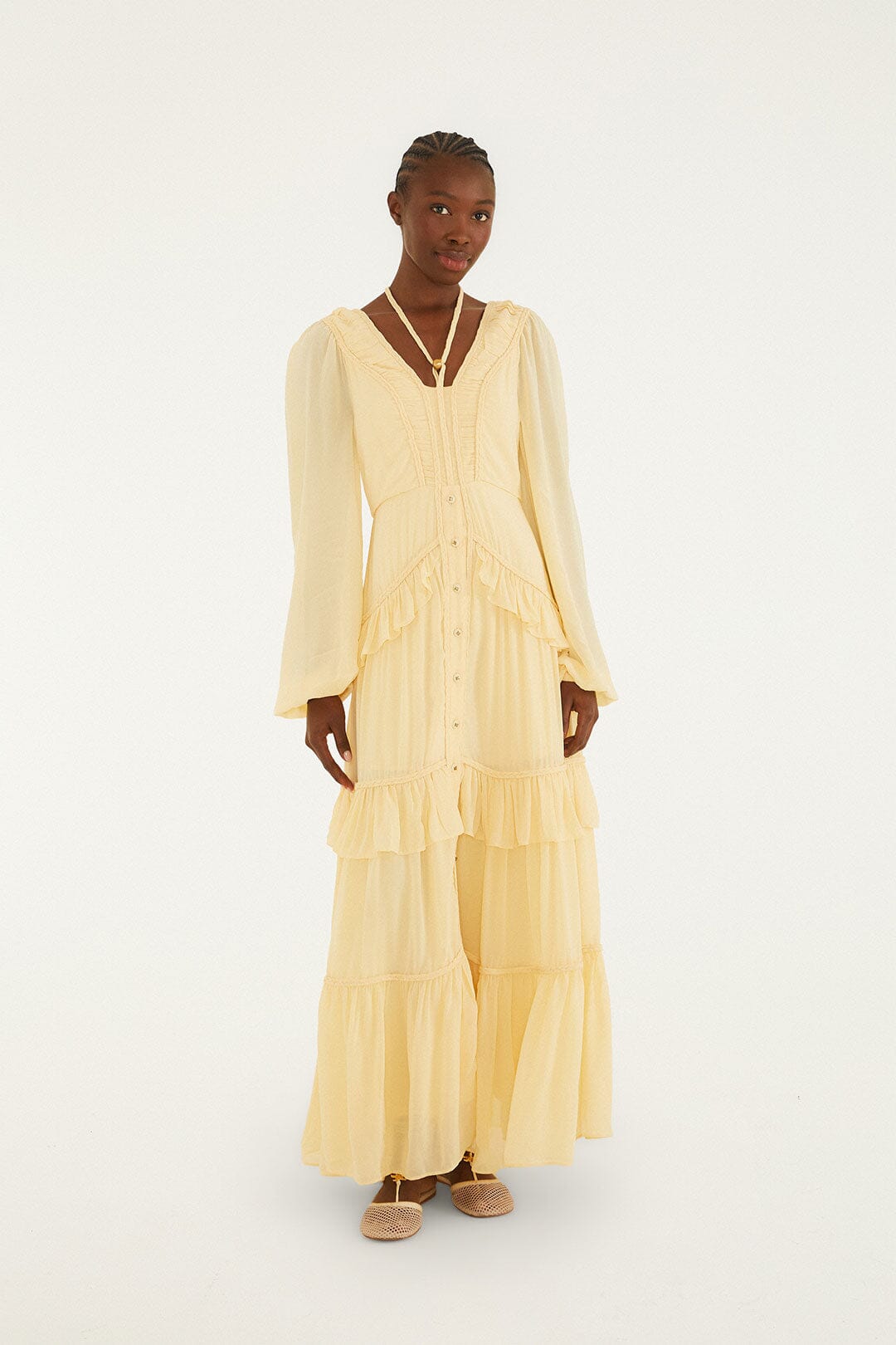 Butter Yellow Ruffled Buttoned Maxi Dress | FARM Rio