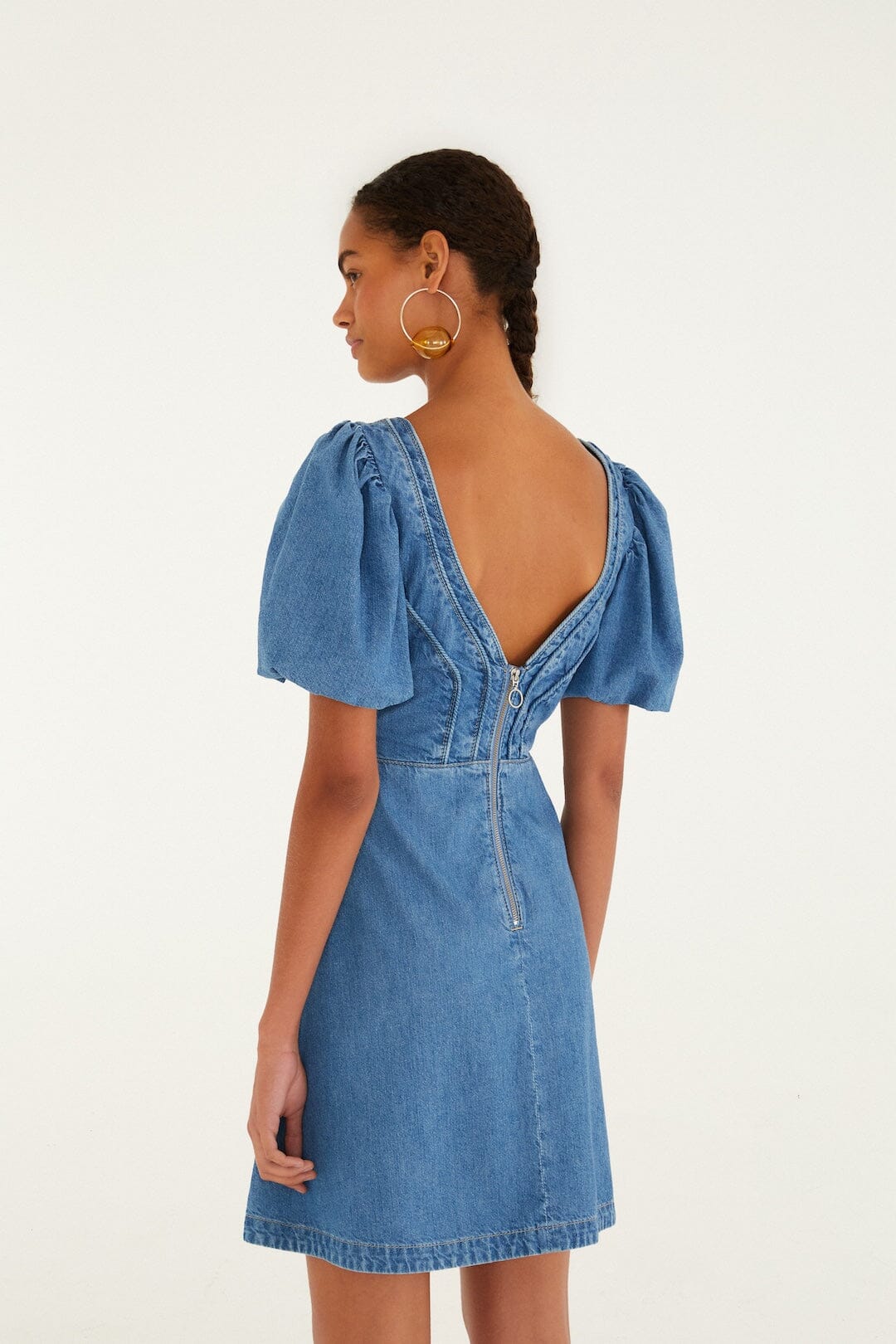 Denim Wavy Cut-Out Puff Sleeve Mini Dress