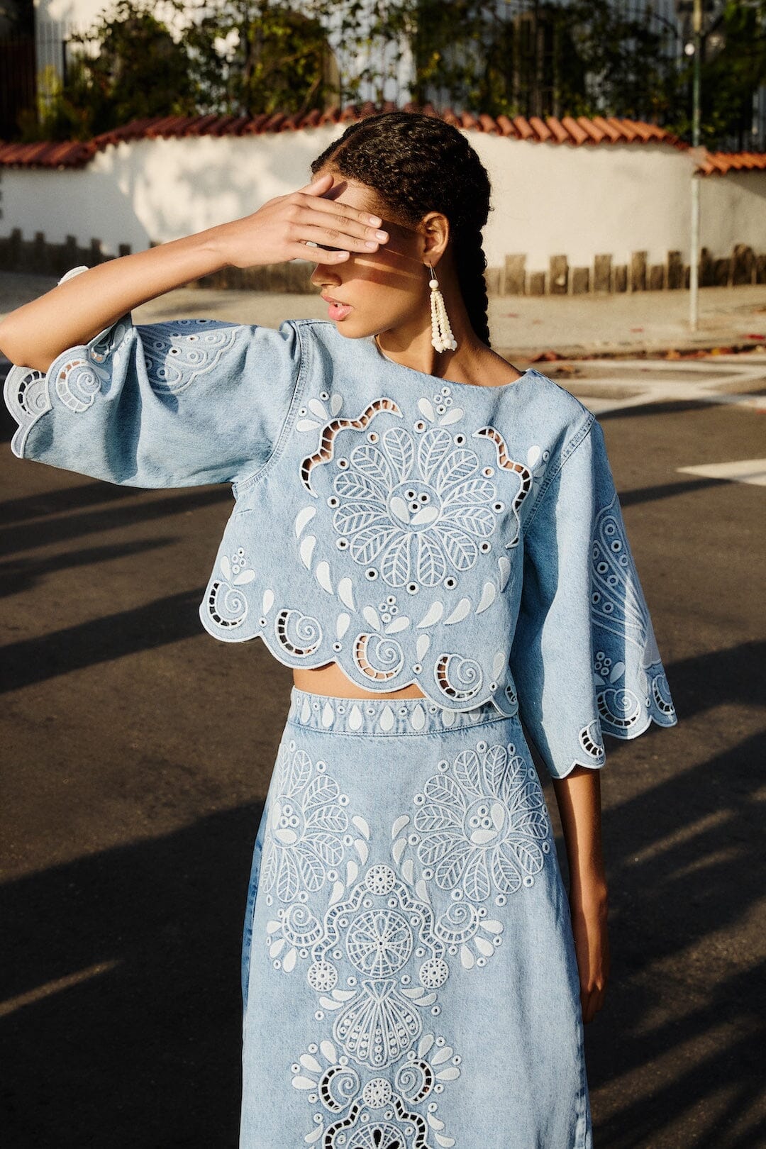 Farm Rio Cropped Embroidered Women Top - Denim Farm Rio Cropped Embroidered Women Top - Denim