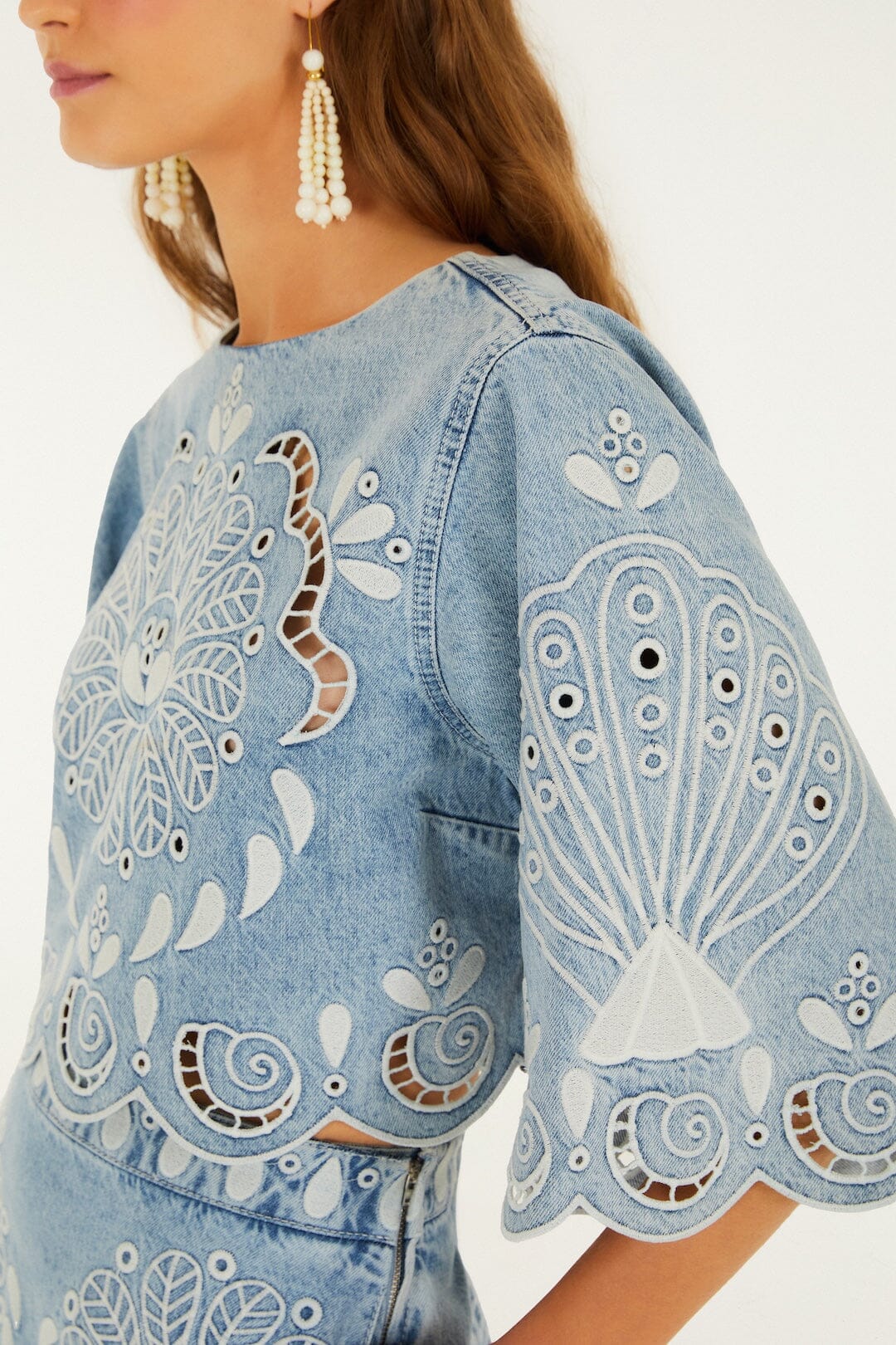 Denim Richelieu Kimono Sleeves Cropped Blouse