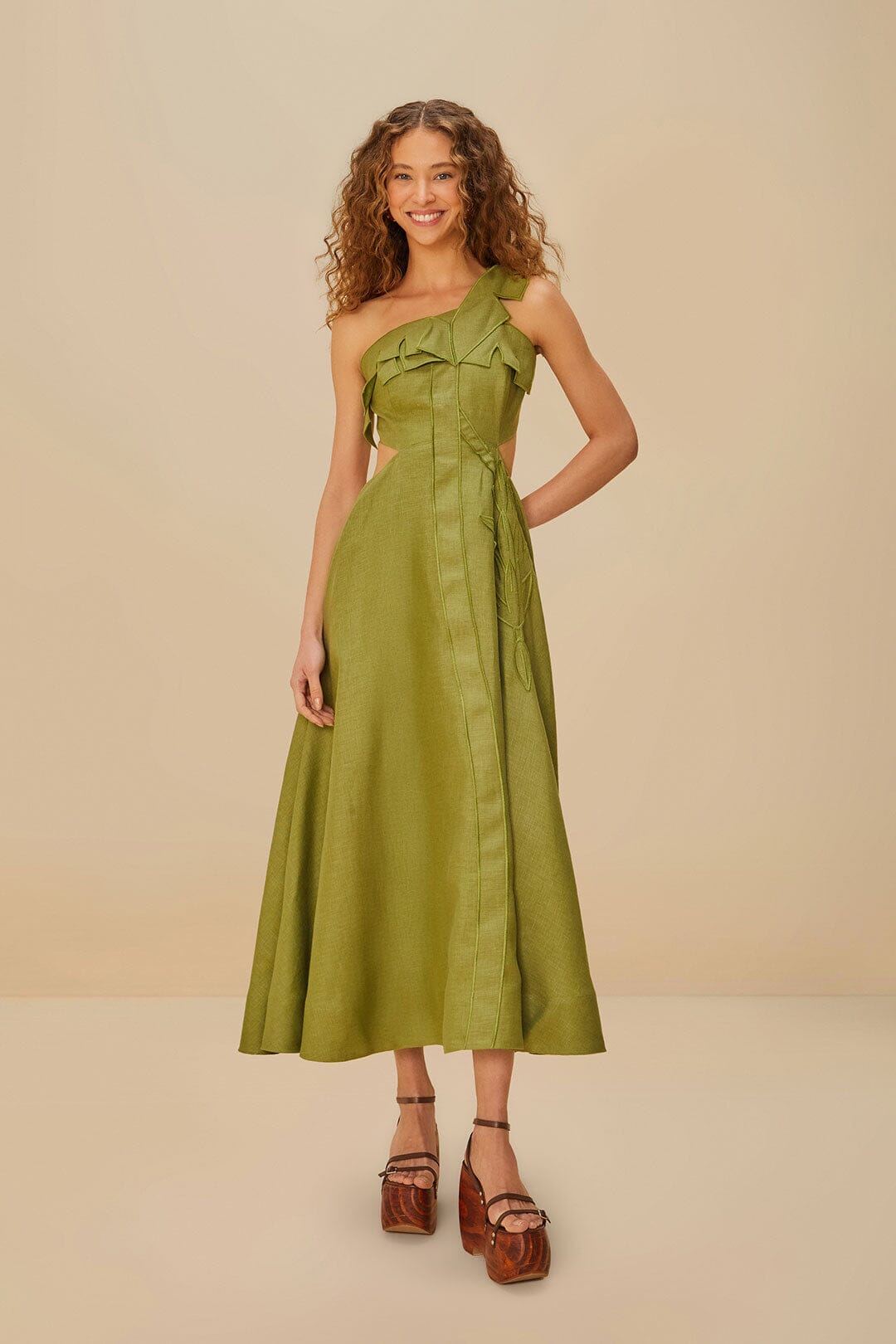 farm rio anthropologie green dress Farm Rio Embroidered Trees Short-Sleeve Midi Dress