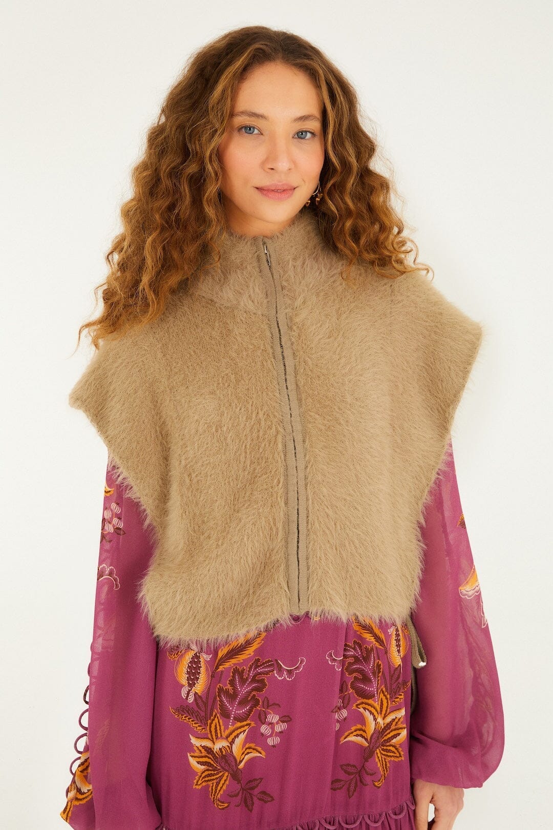 Caramel Front Zipper Sleeveless Fuzzy Vest | FARM Rio