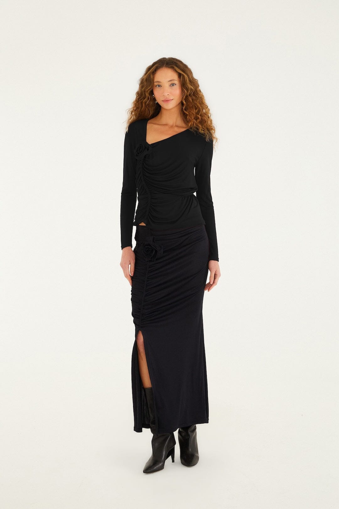 black full skirt midi dress FARM Rio Black Flower Draped Side Slit Midi Skirt, Black / XXS