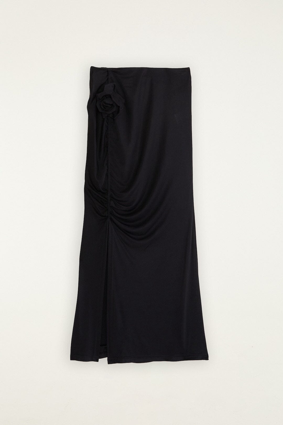 Black Flower Draped Side Slit Midi Skirt