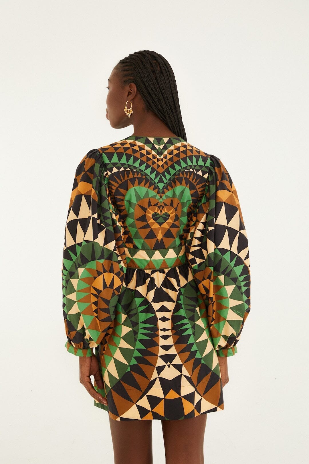 Green Heart Deco Puff Sleeve Organic Cotton Mini Dress