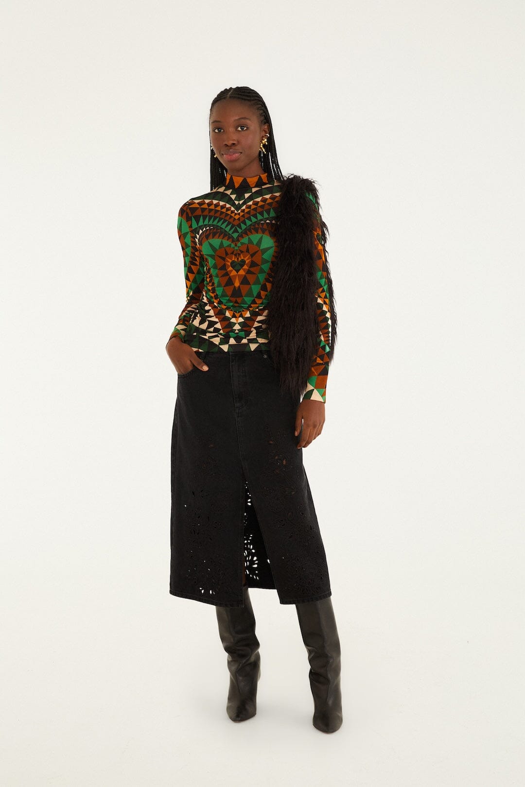 Green Heart Deco Ruched Waist Jersey Blouse