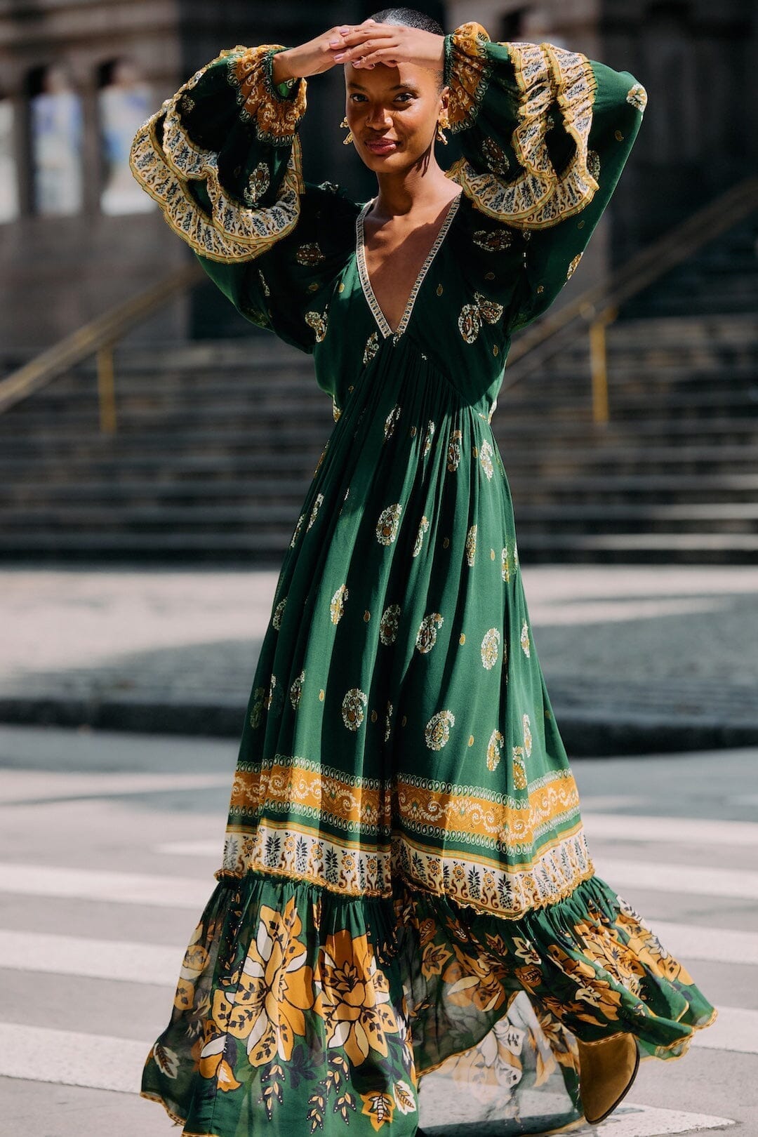 Farm Rio Long Sleeve Ruffled Maxi Dress