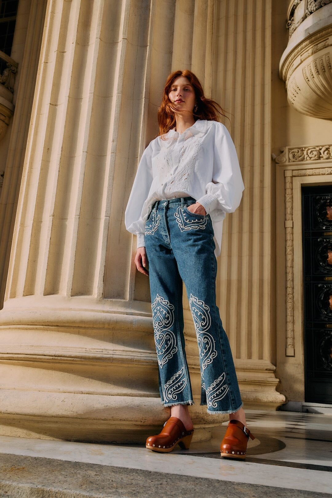 Denim Cornely Embroidered Cropped Pants | FARM Rio