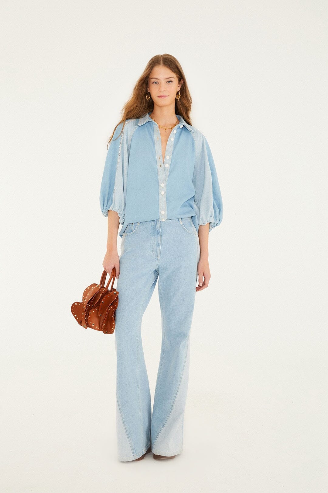 Denim Bicolor Puff Sleeve Shirt