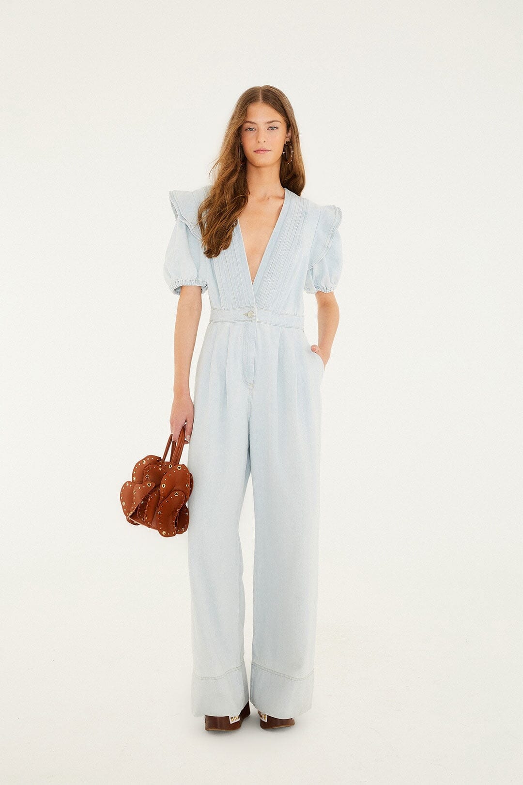 Denim V Neck Pleated Ruffled Jumpsuit | FARM Rio