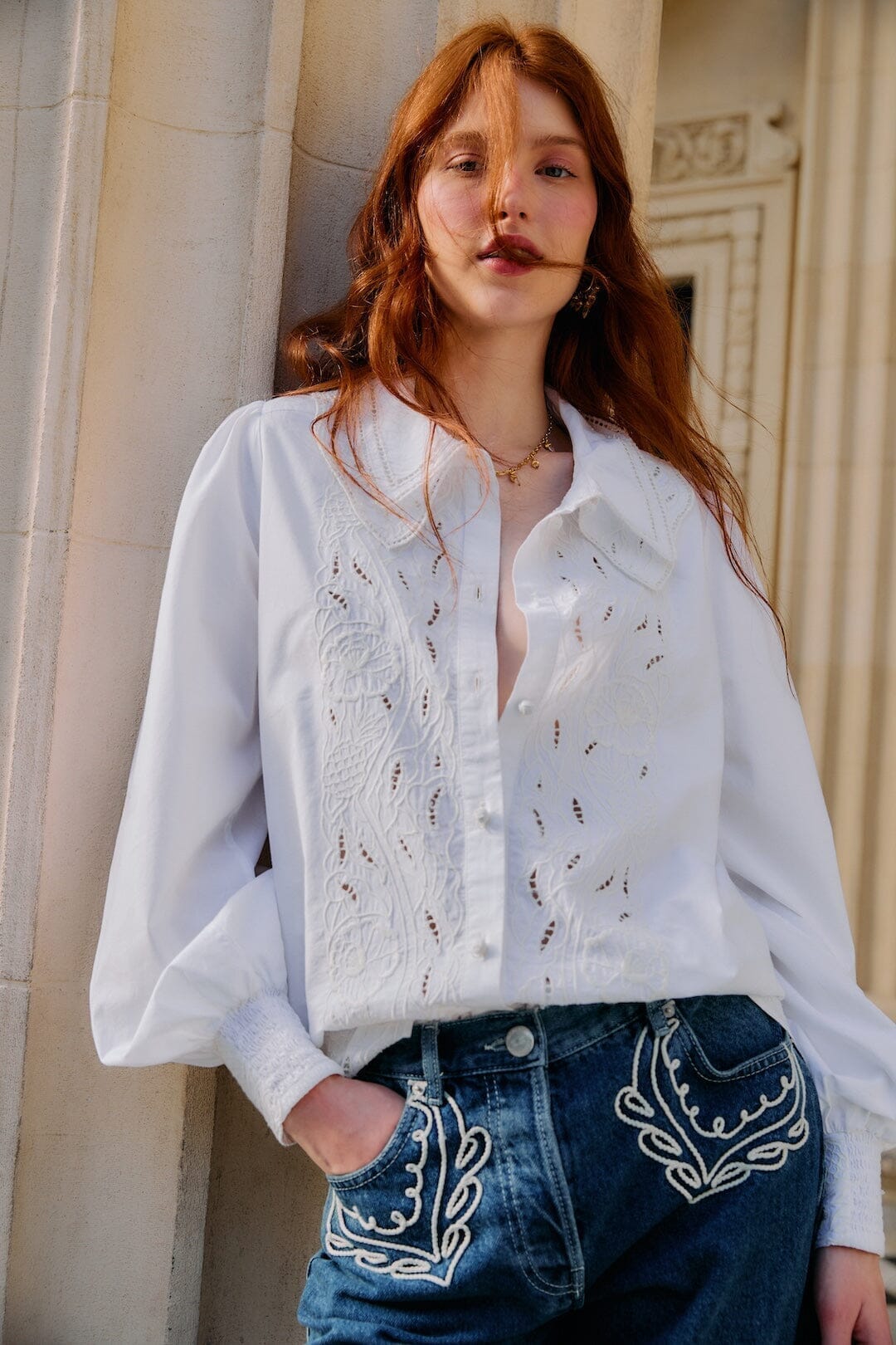 FARM Rio Off-White Embroidered Lace Buttoned Smocked Cuff Shirt, Off-White / L FARM Rio Off-White Embroidered Lace Buttoned Smocked Cuff Shirt, Off-White / L