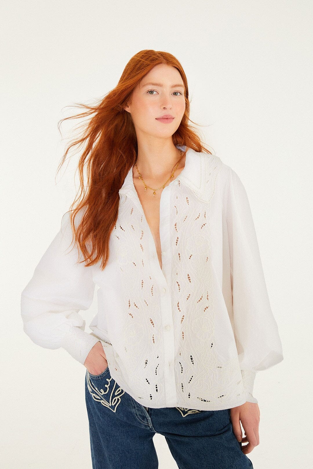 Off-White Embroidered Lace Buttoned Smocked Cuff Shirt