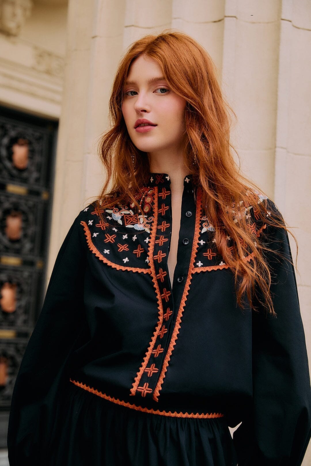 FARM Rio Black Embroidered Buttoned Long Sleeve Shirt, Black / XS