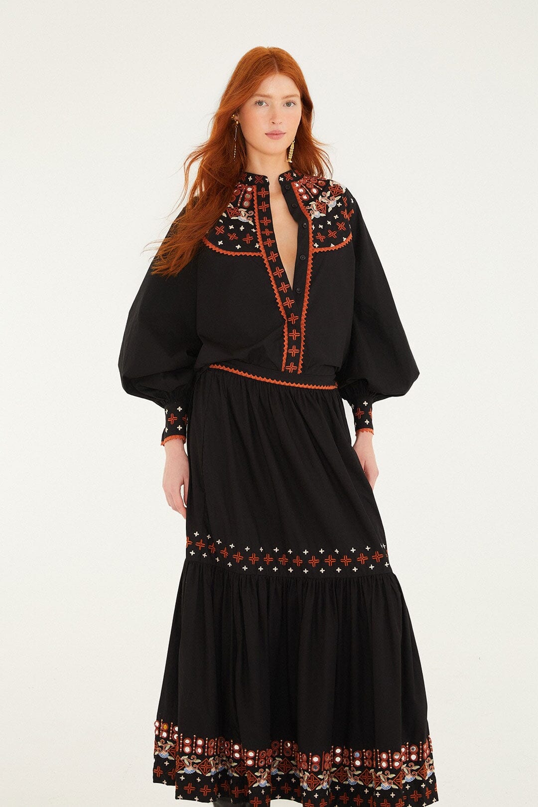 Black Embroidered Tiered Maxi Skirt