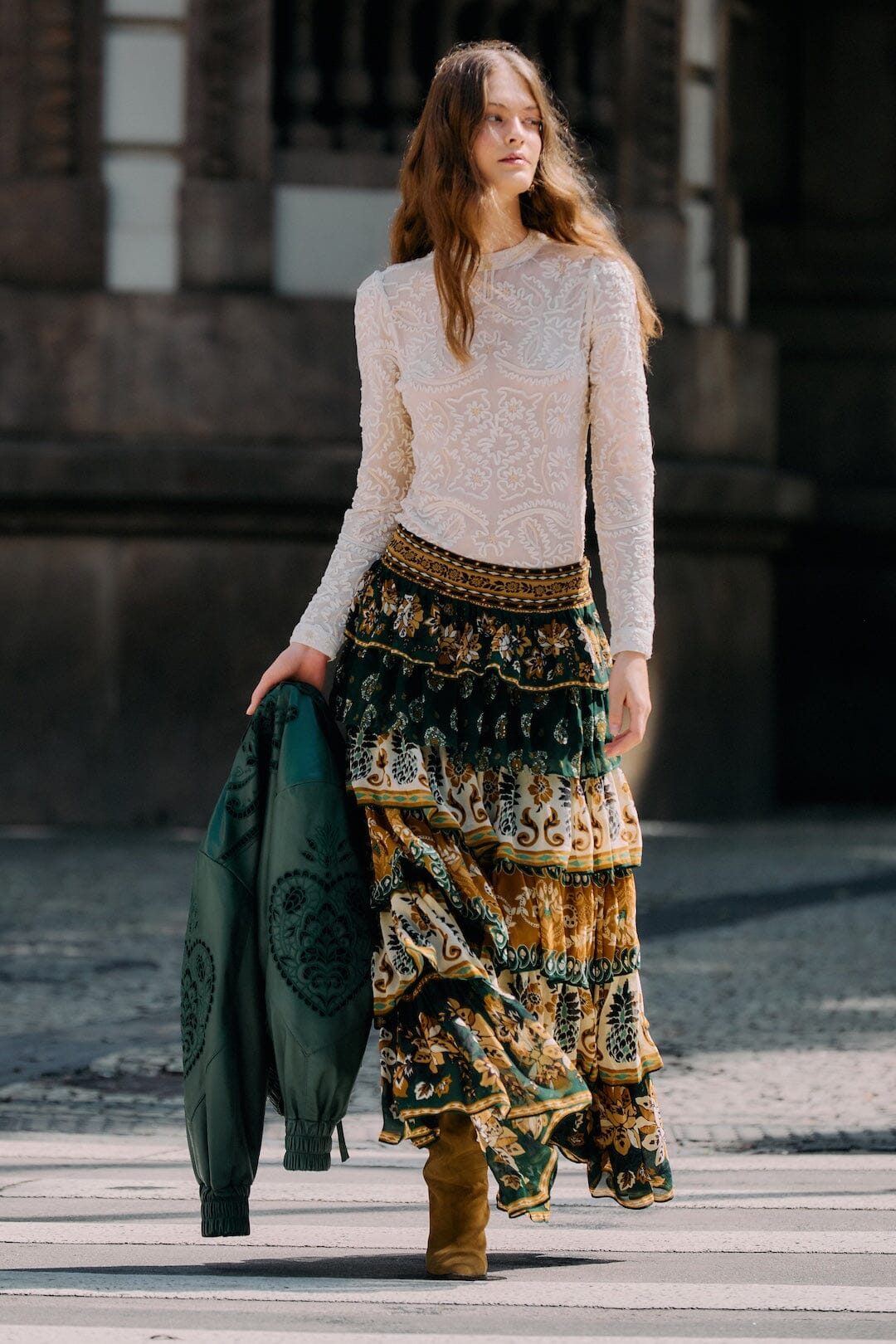 Off-White Embroidered Crew Neck Long Sleeve Blouse