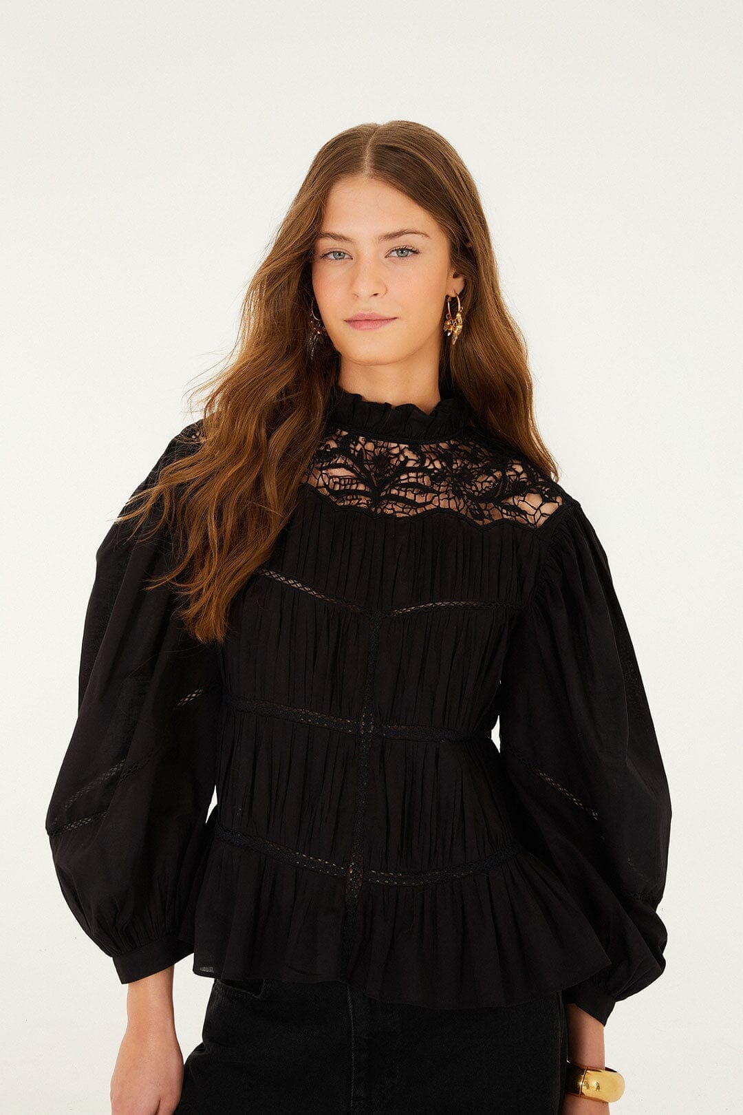 Black Lace Puff Sleeve Blouse | FARM Rio