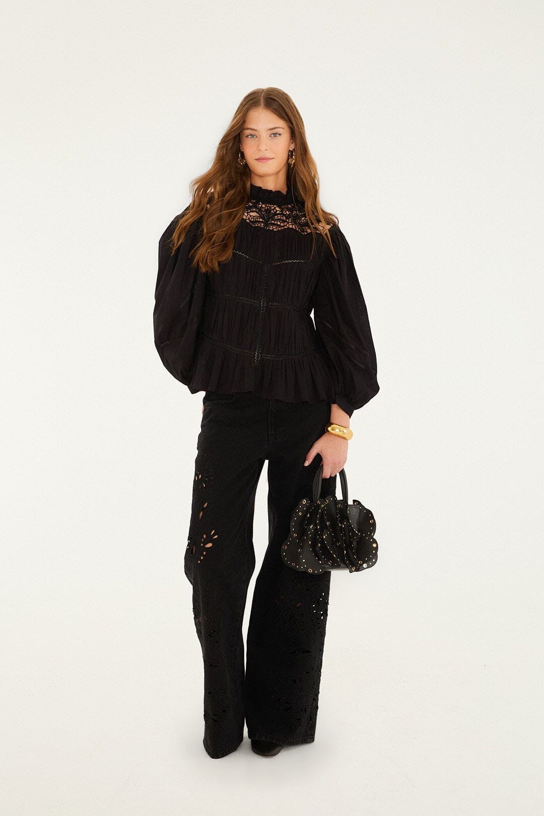 Black Lace Puff Sleeve Blouse