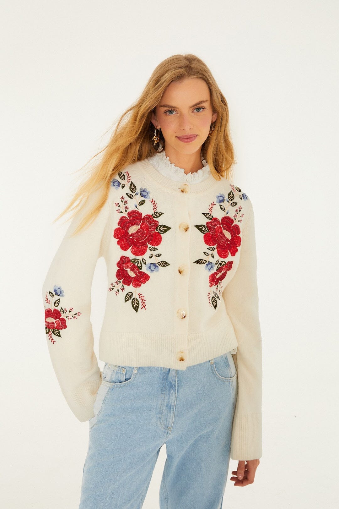 Farm Rio Cream Flowers Embroidered Knit Cardigan Cream / M