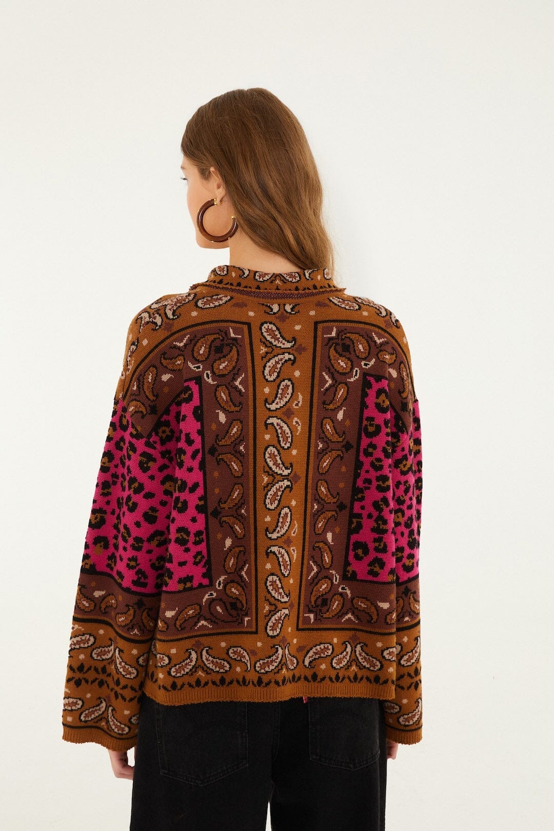 Brown Leopard Scarf Polo Knit Sweater