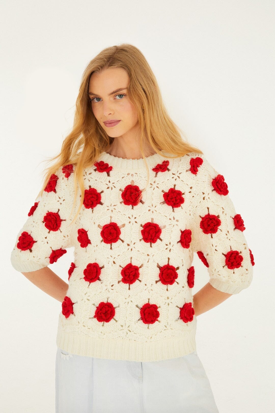 Red Flower Crochet Knit Blouse | FARM Rio