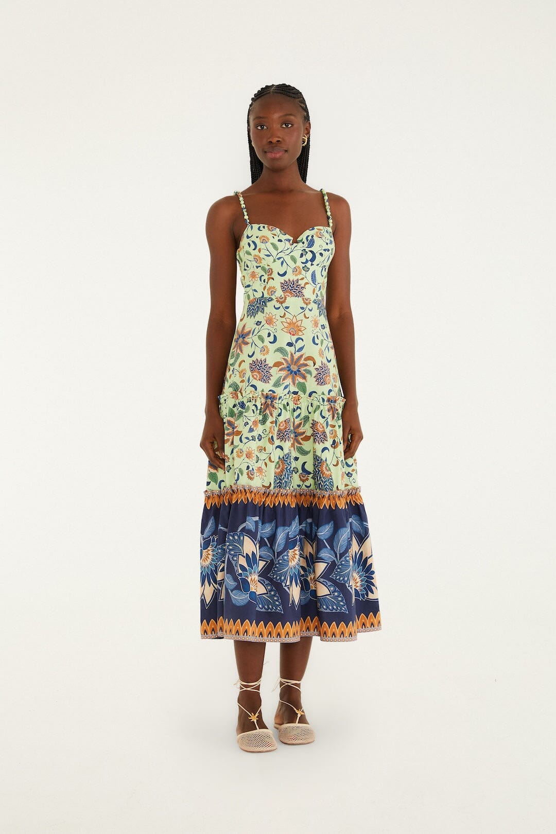 Green Floral Delhi Tapestry Beaded Straps Midi Dress
