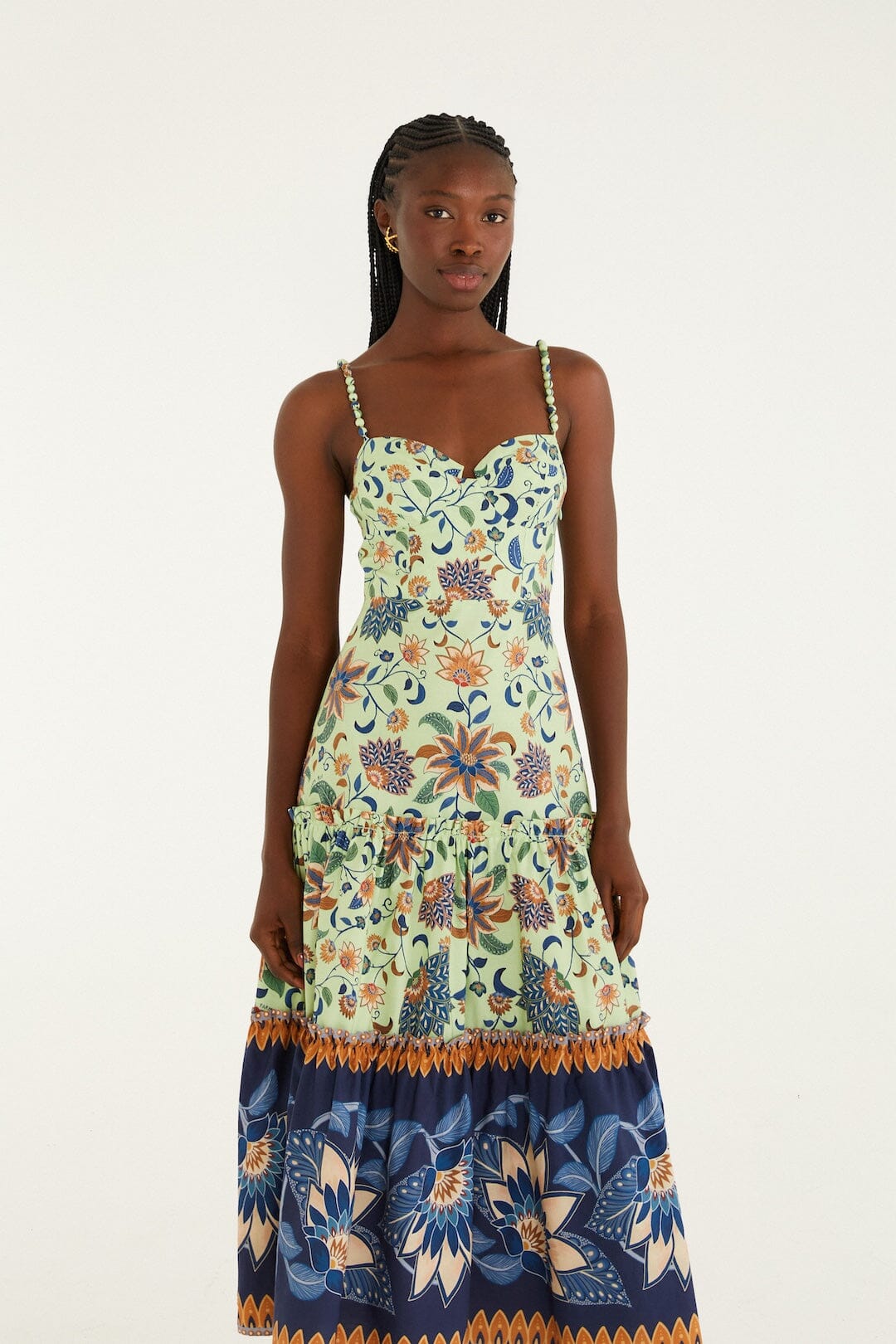 Green Floral Delhi Tapestry Beaded Straps Midi Dress