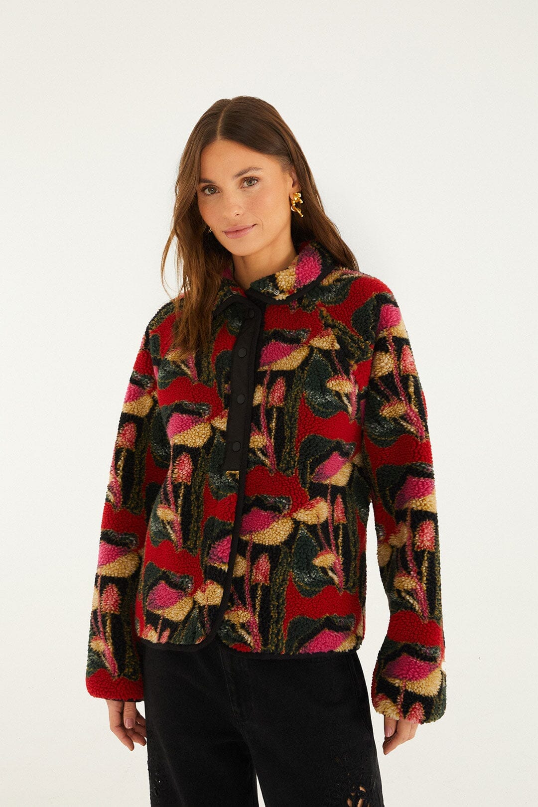 Black Wild Mushrooms Fleece Bomber Jacket | FARM Rio