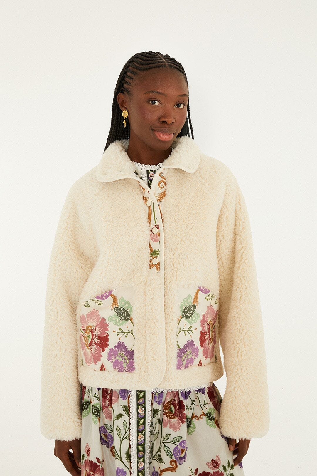 Cream Rococo Flowers Bomber Fleece Jacket | FARM Rio