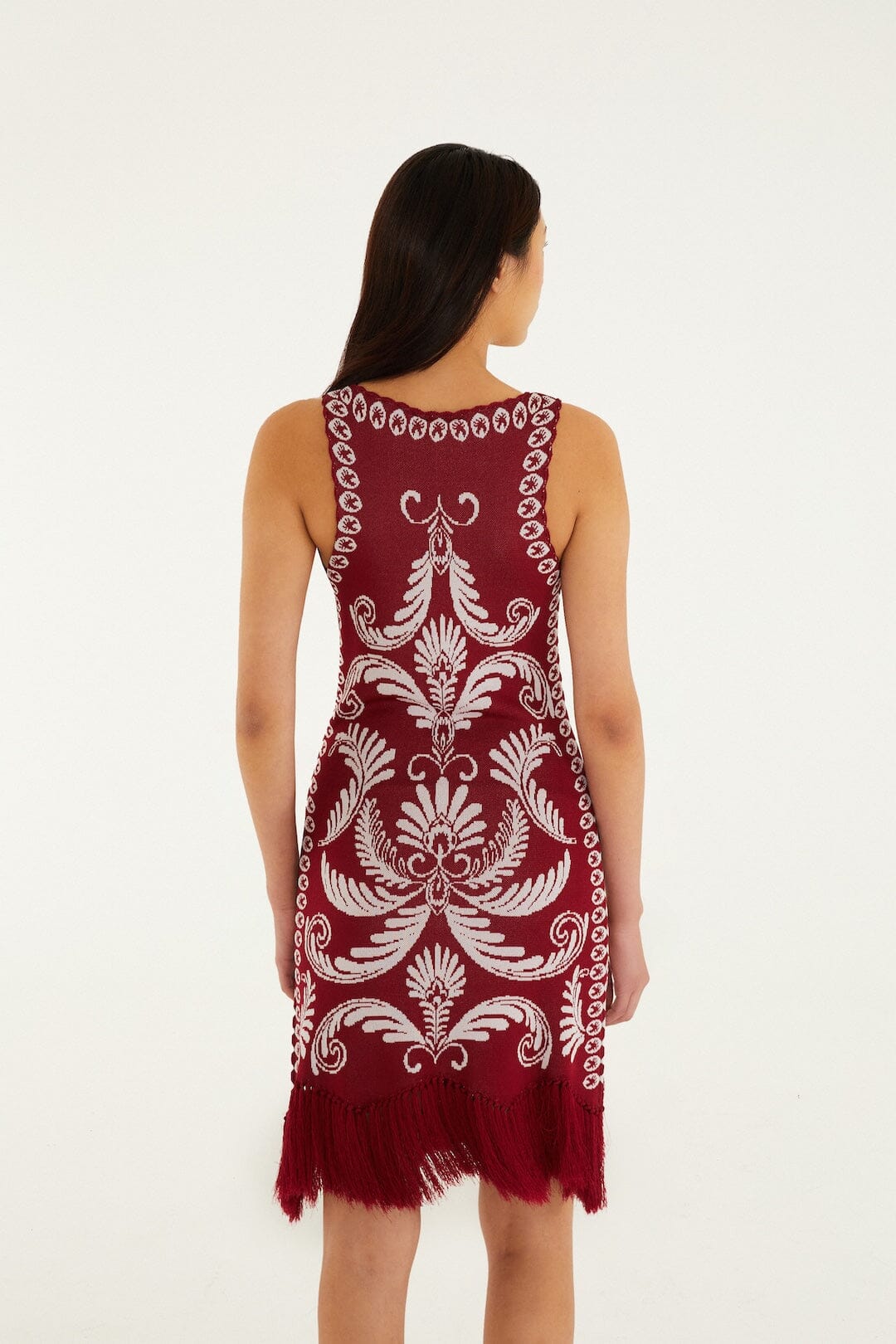 Burgundy Garden Tapestry Fringe Knit Dress
