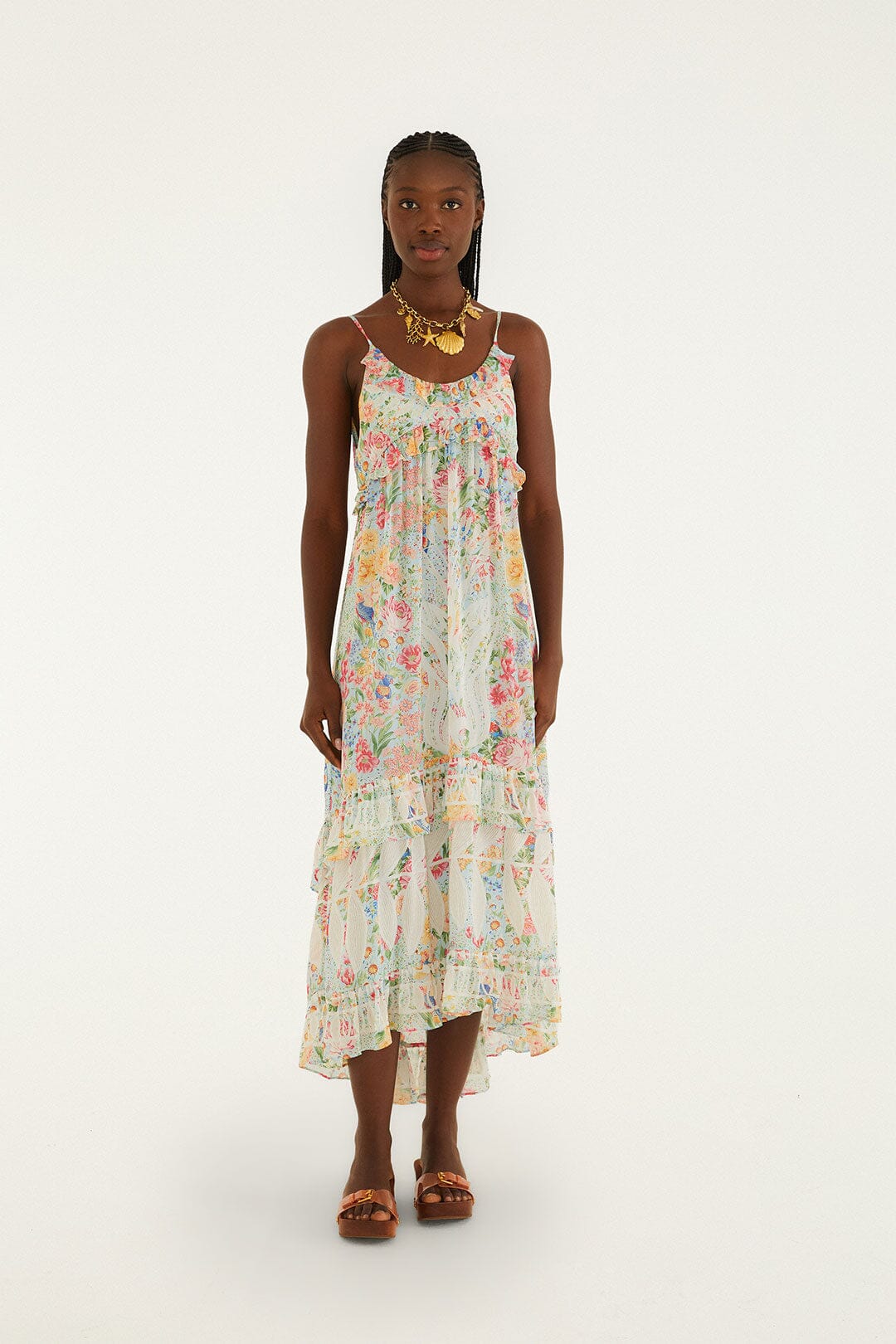 farm rio long-sleeve off-the-shoulder ruffled maxi dress Multicolor Rendeira Ruffled Sleeveless Maxi Dress