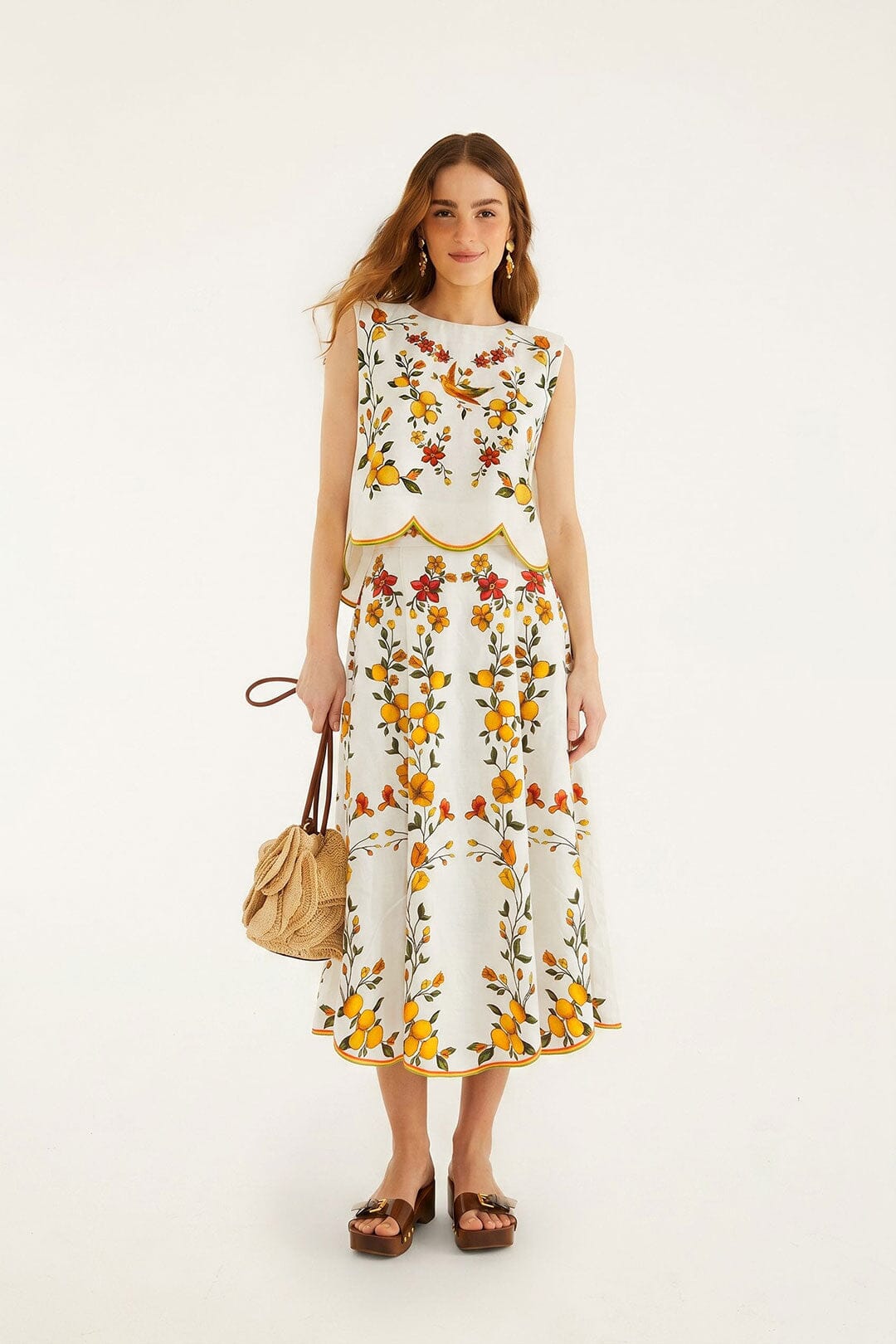 Lemon Bouquet Off-White Midi Skirt | FARM Rio