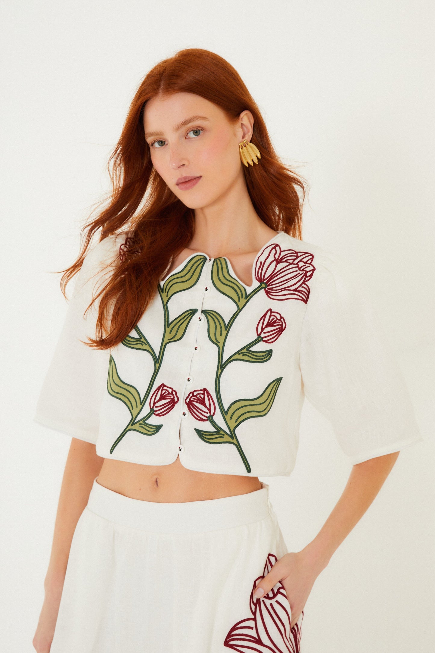 Off-White Flower Embroidered Euroflax Premium Linen Crop Top
