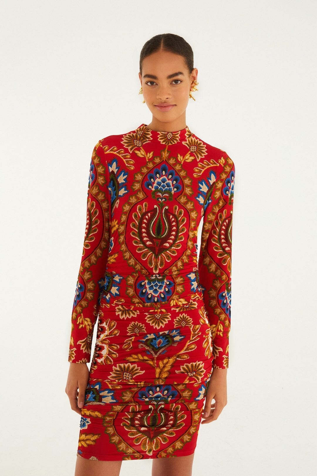 Farm Rio Red Folk Tapestry Jersey Mini Dress, Folk Tapestry Red / XXS