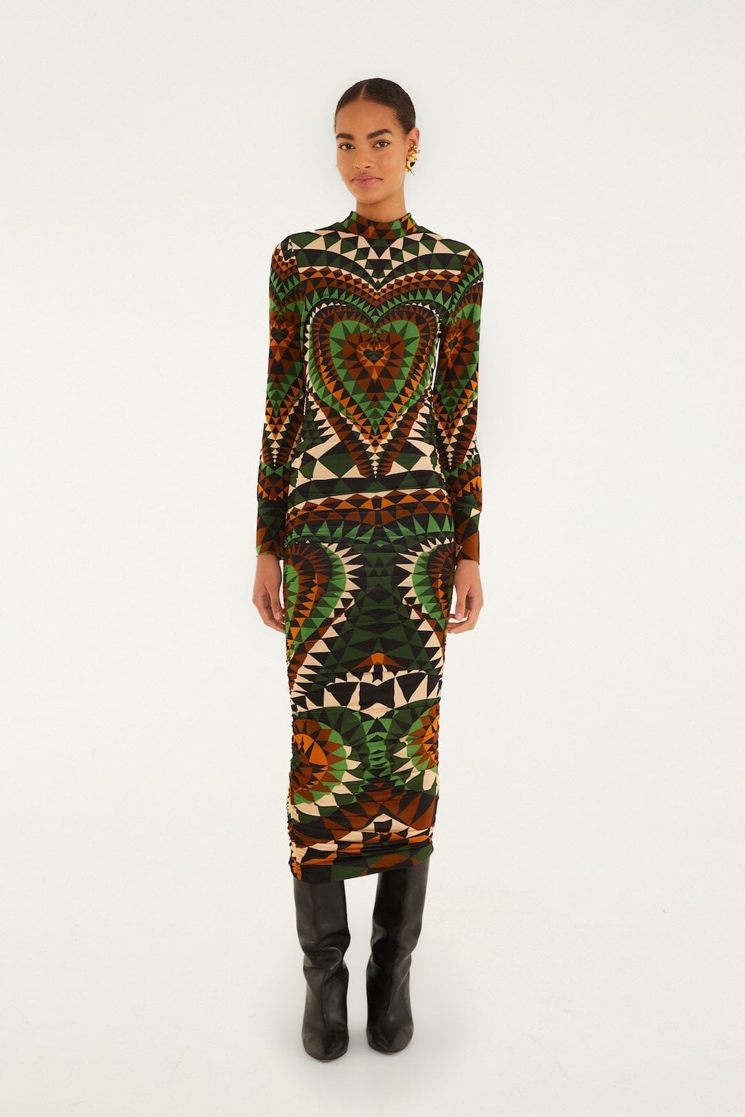 Multicolor Heart Deco Long Sleeve Jersey Midi Dress | FARM Rio Multicolor Heart Deco Long Sleeve Jersey Midi Dress | FARM Rio