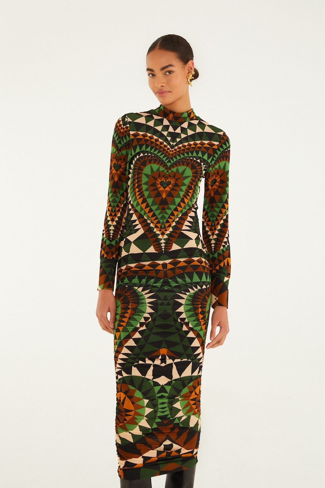 Multicolor Heart Deco Long Sleeve Jersey Midi Dress