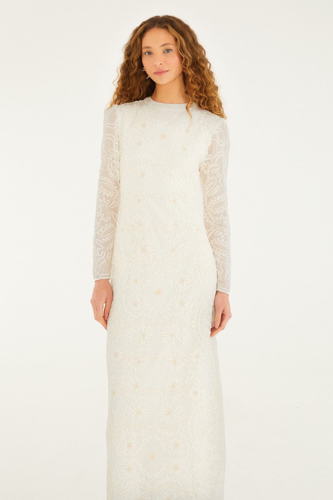 Off-White Embroidered Crew Neck Long Sleeve Maxi Dress