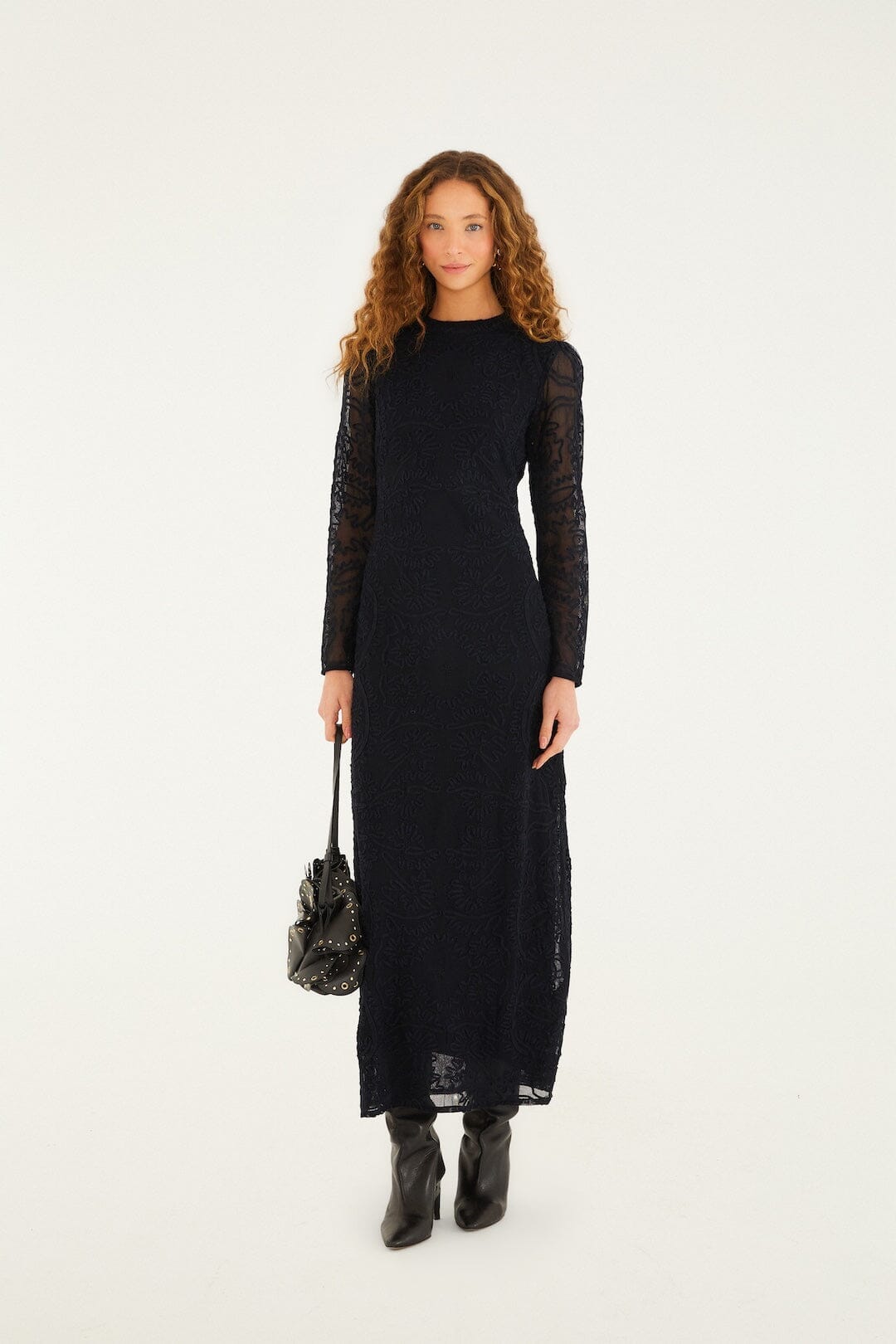 velvet long sleeve wedding guest dress Marigold Velvet Mock Neckline Dress A line Skirt main image 1