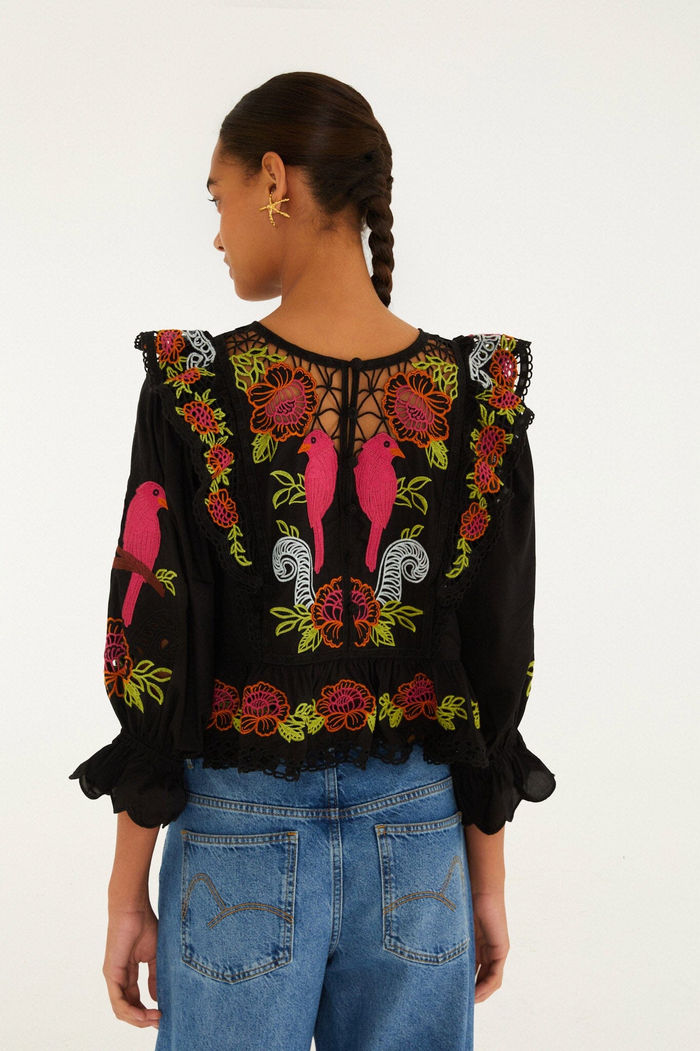 Black Mujeres Y Flores Embroidered Organic Cotton Richelieu Blouse