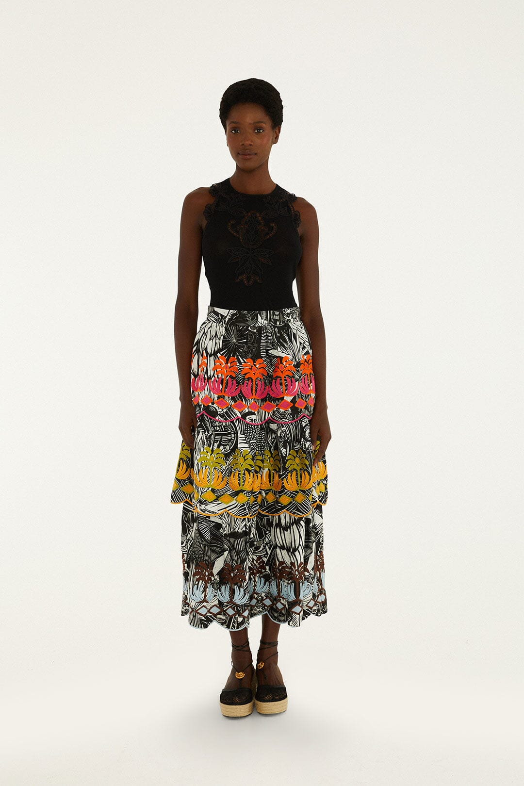 Black Ruta Layered Lenzing™ Ecovero™ Euroflax™ Maxi Skirt | FARM Rio