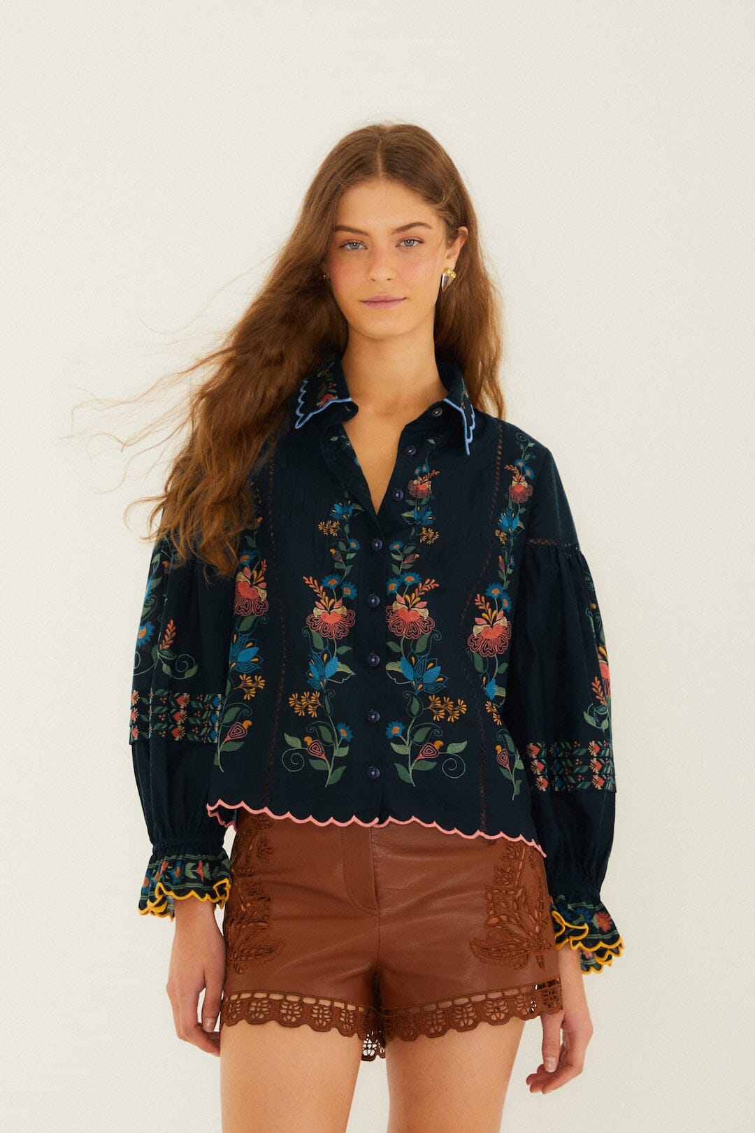 Navy Blue Stitched Garden Wavy Hem Blouse | FARM Rio